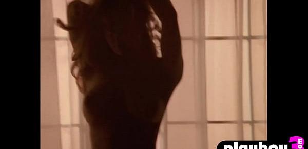  Hot brunette babe Carrie Stevens showing big boobs after striptease action
